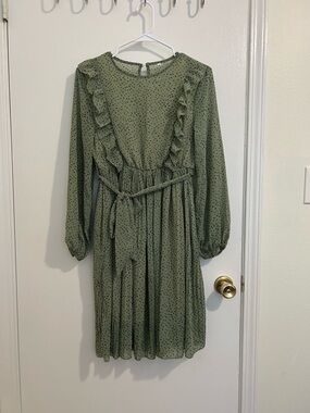 SHEIN Olive Green Polka Dot Ruffle Midi Dress EUC size S